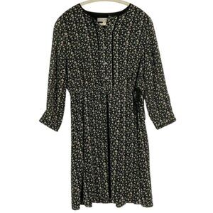 LOFT Black/Gray Hearts/Tulips Print Chiffon Lined Long Sleeve Dress, Med Petite